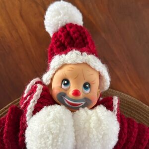 Smiling Hobo Rubber Face Santa Suit Elf Suit Handmade Red and White crochet poms